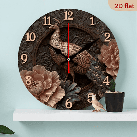 2D Flat 1pc 10Inch Wooden Vintage Farmhouse Style Wooden Wall Clock with Large Easy-to-Read Black Hands Brown Face - Round Large Face, Golden-Toned Numbers, Silent Non-Ticking