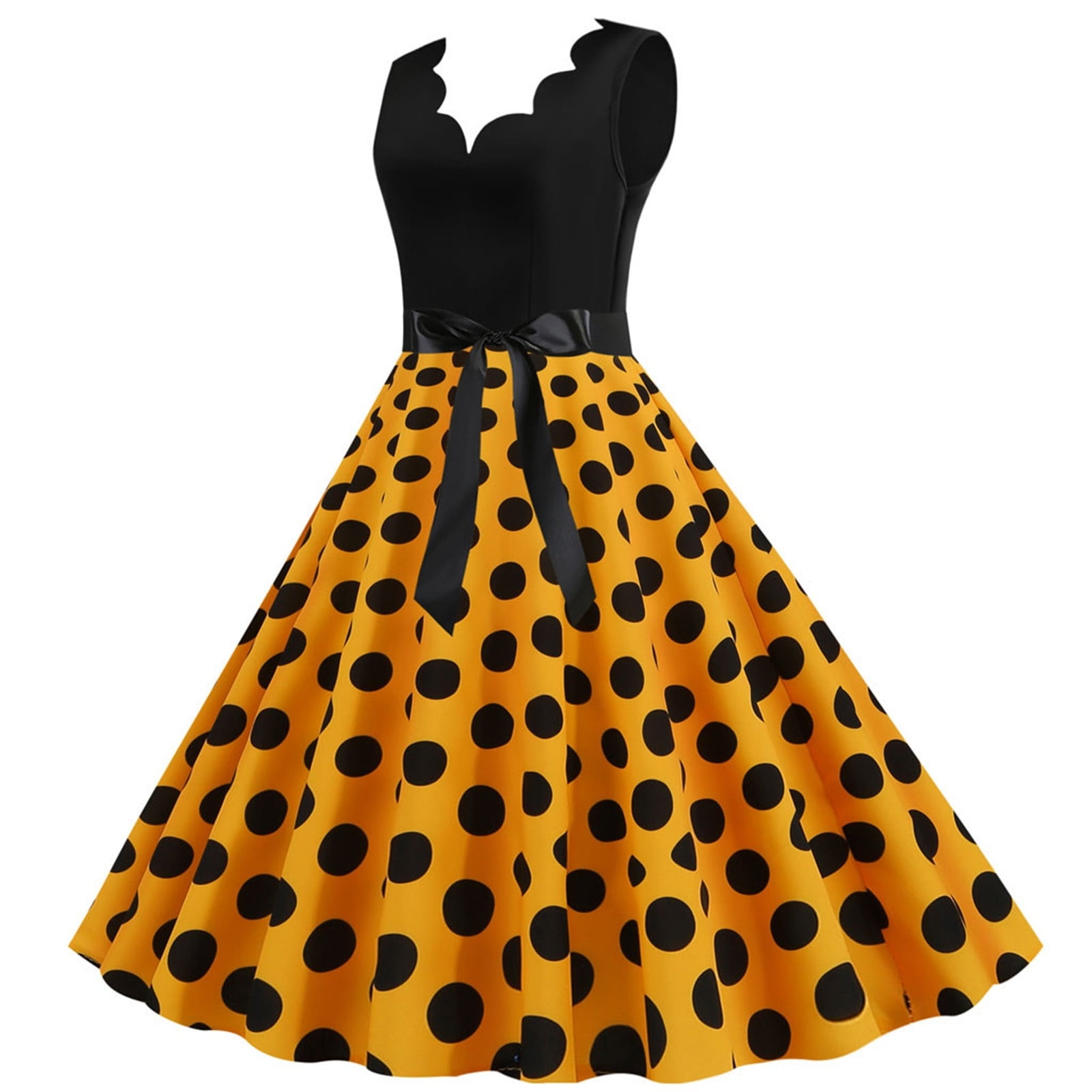 XIAOCHA Polka Dot Dress for Women A Line Belted Sleeveless Scalloped Neck Midi Dress Lightweight Vintage Party Dresses
