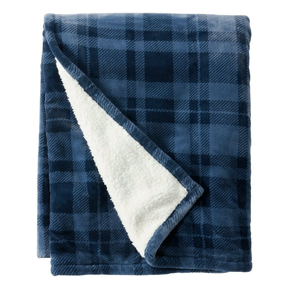 L.L.Bean Wicked Plush Sherpa Throw Large Nautical Navy Plaid (1000095154)