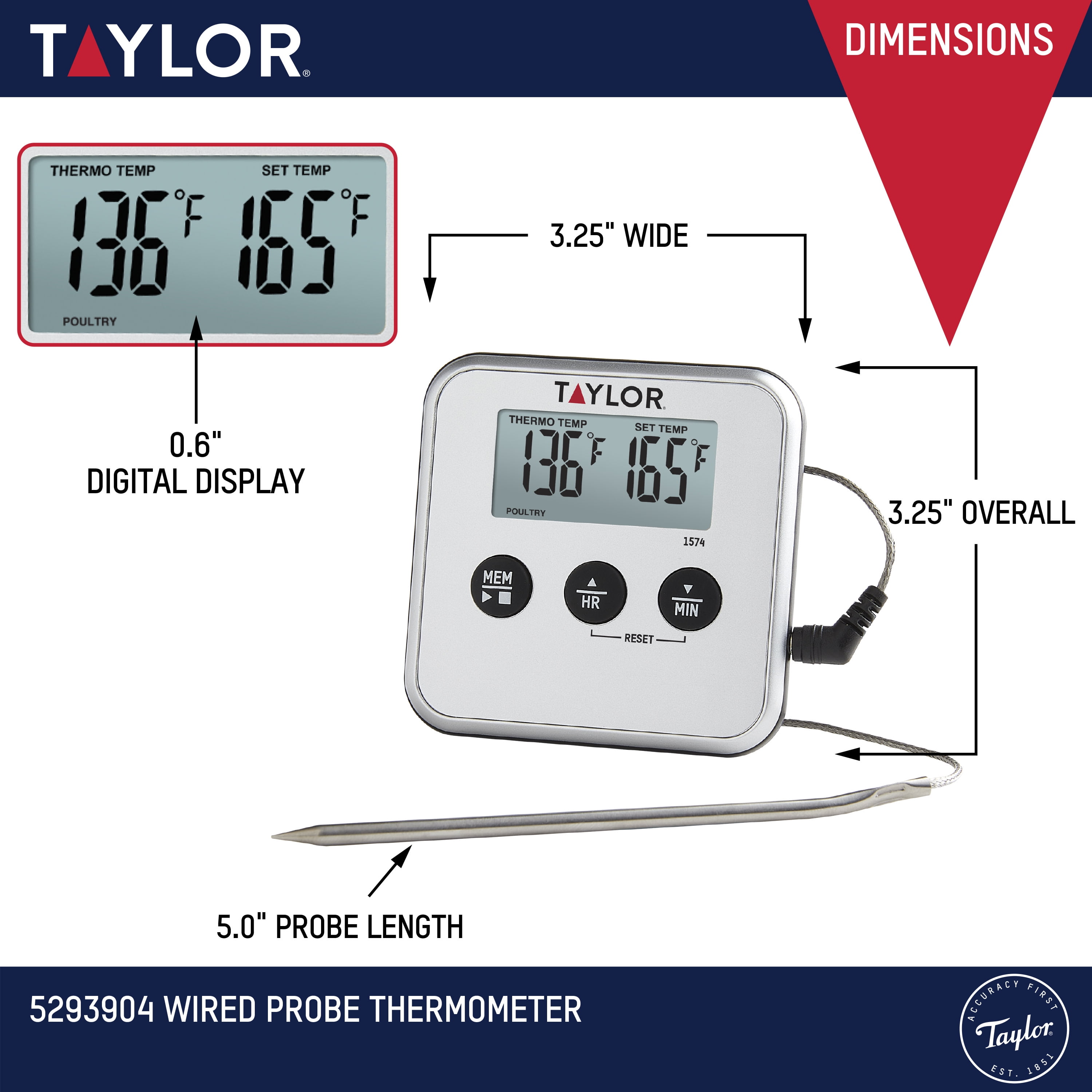 Taylor Programmable Stainless Steel Wire Probe Kitchen Meat Cooking  Thermometer
