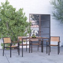 Merrick Lane 5 Piece Outdoor Synthetic Teak Poly Slat Table & Chairs Set - 30" x 48" Steel Framed Table with Umbrella Hole & 4 Club Chairs