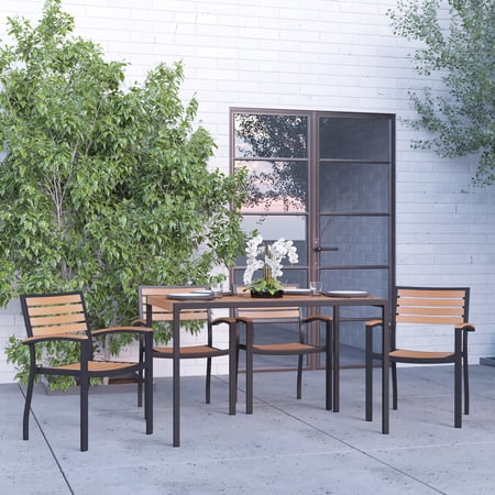 Merrick Lane 5 Piece Outdoor Synthetic Teak Poly Slat Table & Chairs Set - 30 x 48 Steel Framed Table with Umbrella Hole & 4 Club Chairs