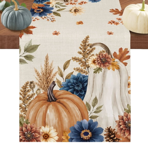Thanksgiving Table Runner 70 Inches Long, Retro Harvest Pumpkin Flowers Branches Cotton Linen Table Runners Dresser Scarves, Decorative Fabric Tabletop Scarf Furniture Cover for Dinner Party 13"x70"