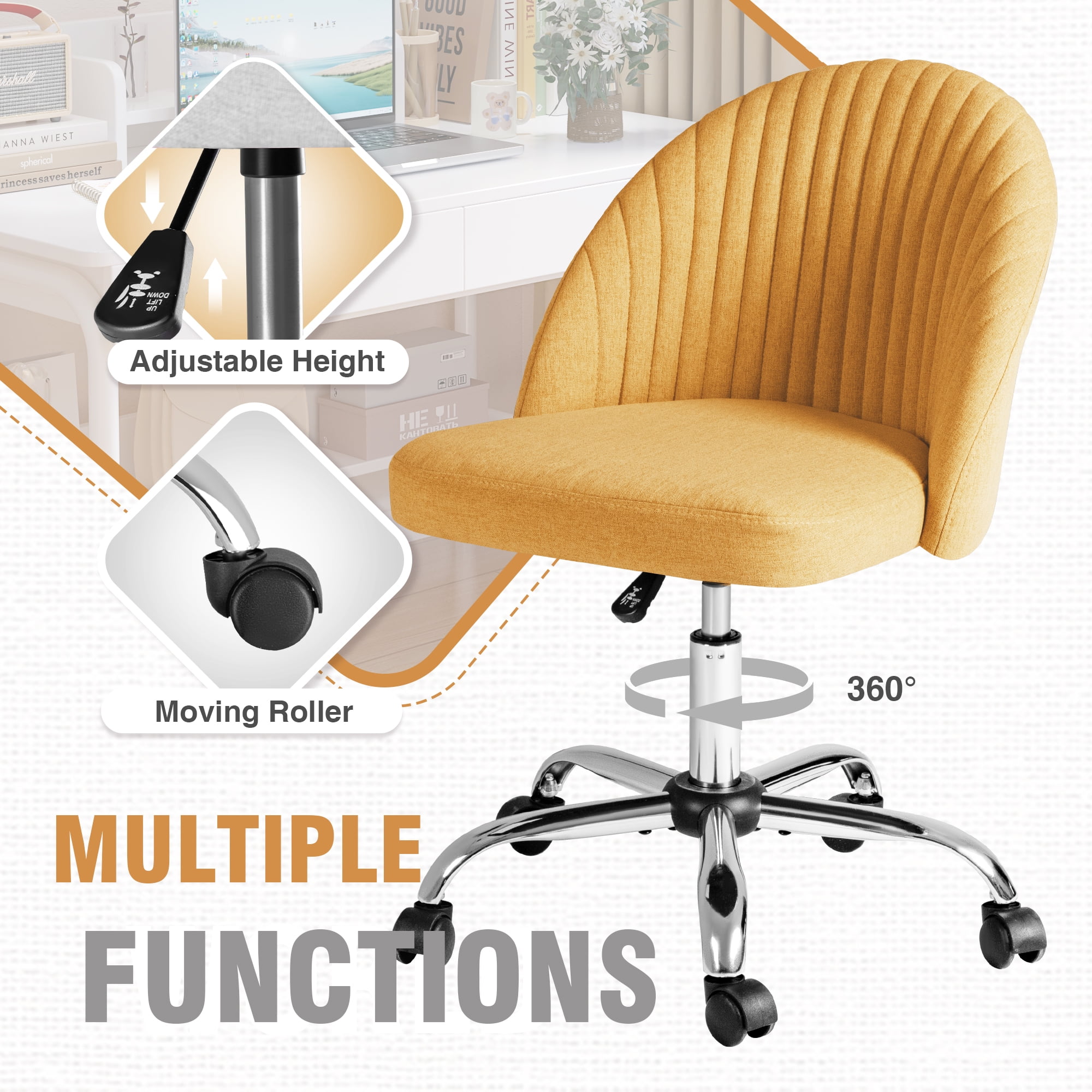 Homall Home Office Chair Adjustable Vanity Chairs Mid Back Rolling Task Chairs for Bedroom, Living Room or Study, Yellow
