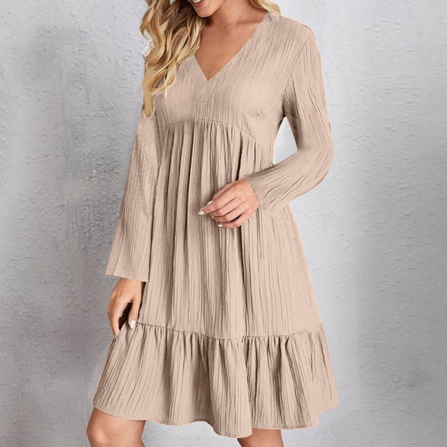 Gspmoly Robes d'Été, Robes de Printemps et d'Été pour Femmes à Manches Longues, Col en V, Coupe Ample, Décontractées, Taille Haute, Robe en Dentelle, Robes Formelles pour Femmes en Liquidation