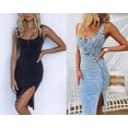 thumbnail image 6 of utcoco Women's Blue Sleeveless Bodycon Denim Dress Midi Side Slit, 6 of 7