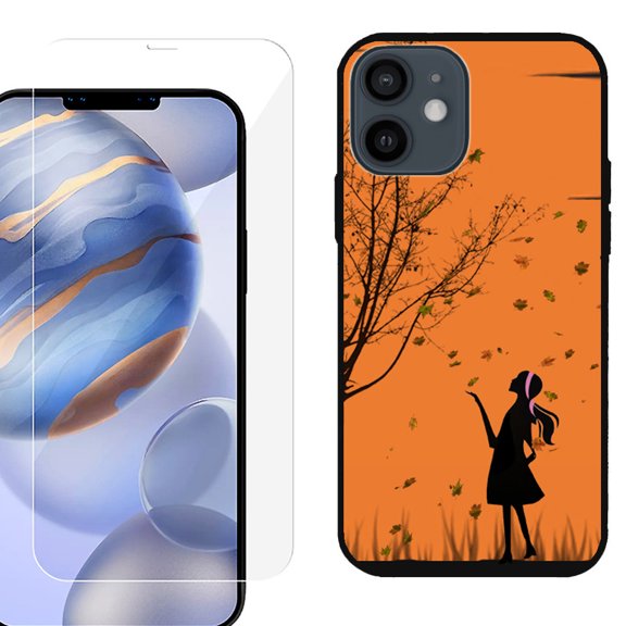 Slim-Fit Protective Phone Case (Black) compatible with iPhone 12 / iPhone 12 Pro, with Tempered Glass Screen Protector, by OneToughShield ® - Autumn Leaf