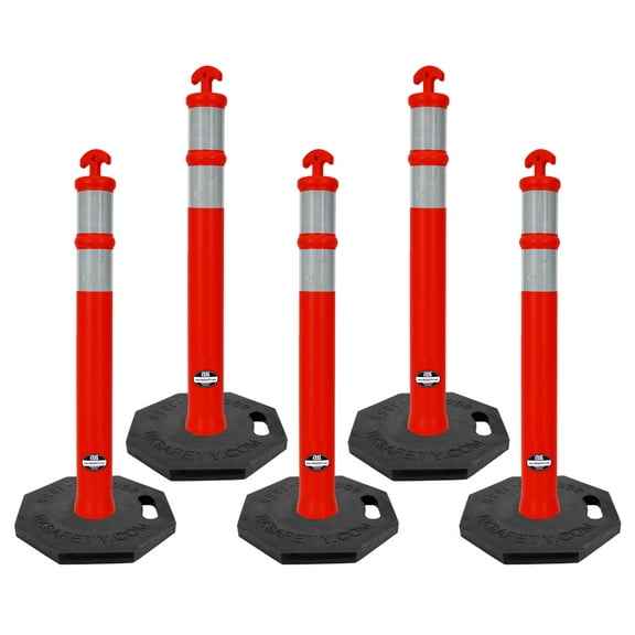 (Pack of 5) RK DPOST2T Polyethylene Portable Delineator Post with 13 lbs Octagonal Rubber Base, 42" Height, Orange