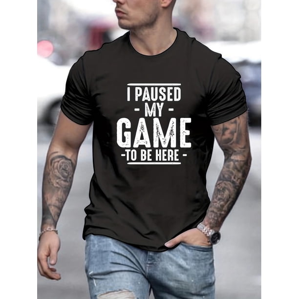 Camiseta informal de manga corta para hombre 2023: gráfico "Pausé mi juego para estar aquí". Cuello redondo, algodón. Lavable a máquina. Perfecta para salidas de verano y para combinar en pareja. Cami