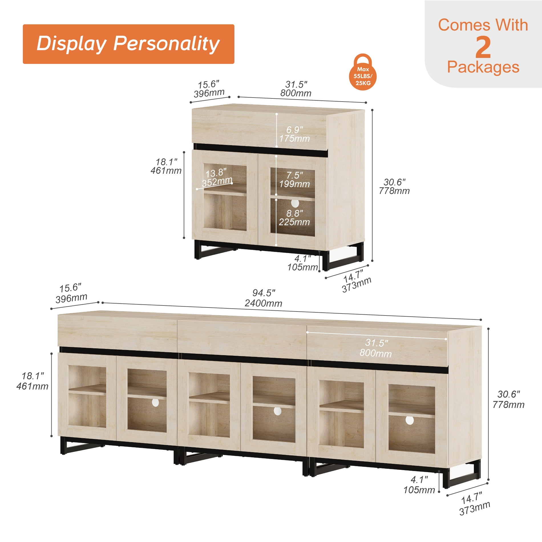 WAMPAT 94.5" Multifunctional Modern Sideboard Buffet Cabinet with 6 Glass Doors & 3 Drawers, Credenza & Coffee Bar Storage Cabinet for Living Room & Kitchen