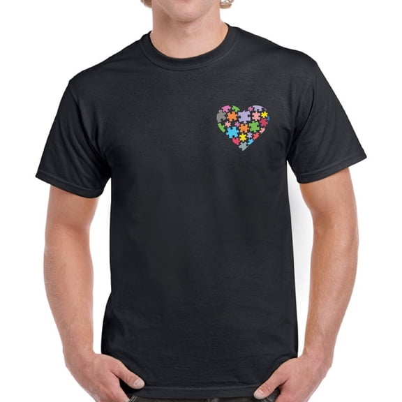 Love Puzzle Men T-Shirt Support Heart Pocket Graphic Tee Autism Awareness