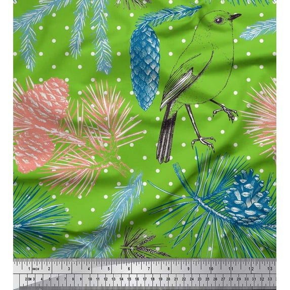 Soimoi Green Polyester Crepe Fabric Dot, Polyester & American Robin Bird Printed Craft Fabric by The Yard 42 Inch Wide