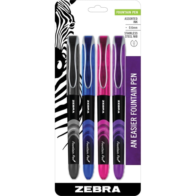 Juego de plumas estilográficas Zebra Pen, paquete de 4 unidades, 0,6 mm, punta fina
