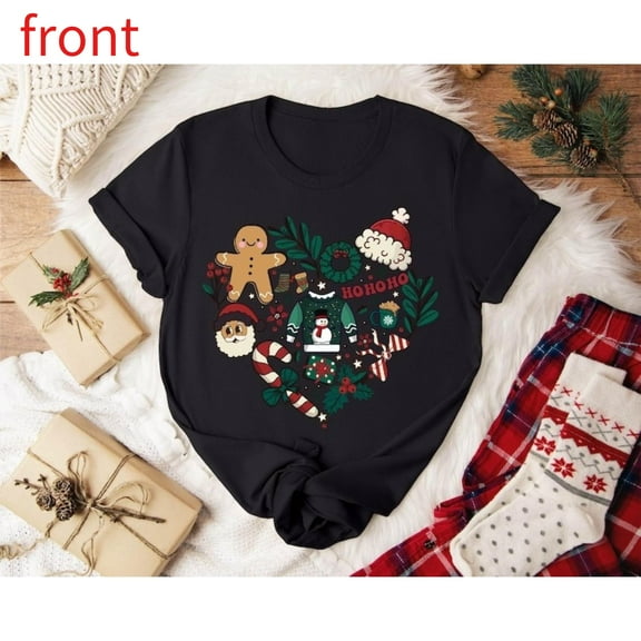 Women Retro Christmas Tee Santa Gingerbread Snowman Graphic Vintage Holiday Top Short Sleeve Round Neck Black S-5XL