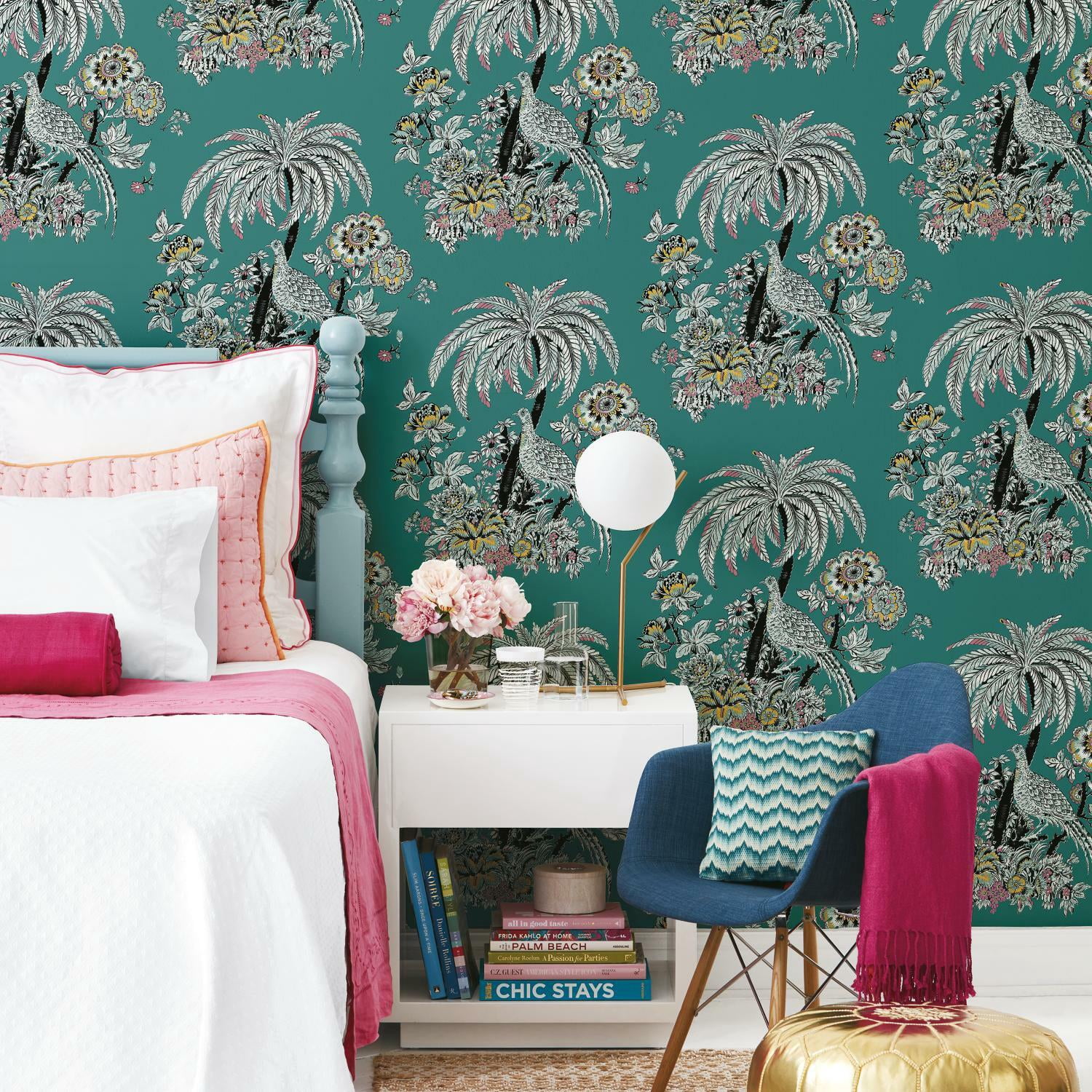 Drew Barrymore Flower Home Tropical Toile Peel and Stick Wallpaper, Teal, 18 in x 18.86 ft