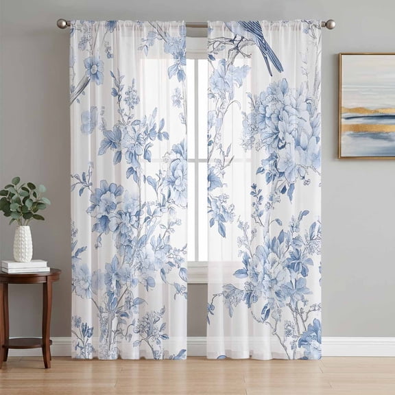 Blue White Flowers Sheer Curtains 63 Inch Length 2 Panels Set, Spring Summer Floral Botanical Voile Window Treatment Rod Pocket Curtains Sheers Drapes for Bedroom/Living Room/Kitchen 52x"63"x2