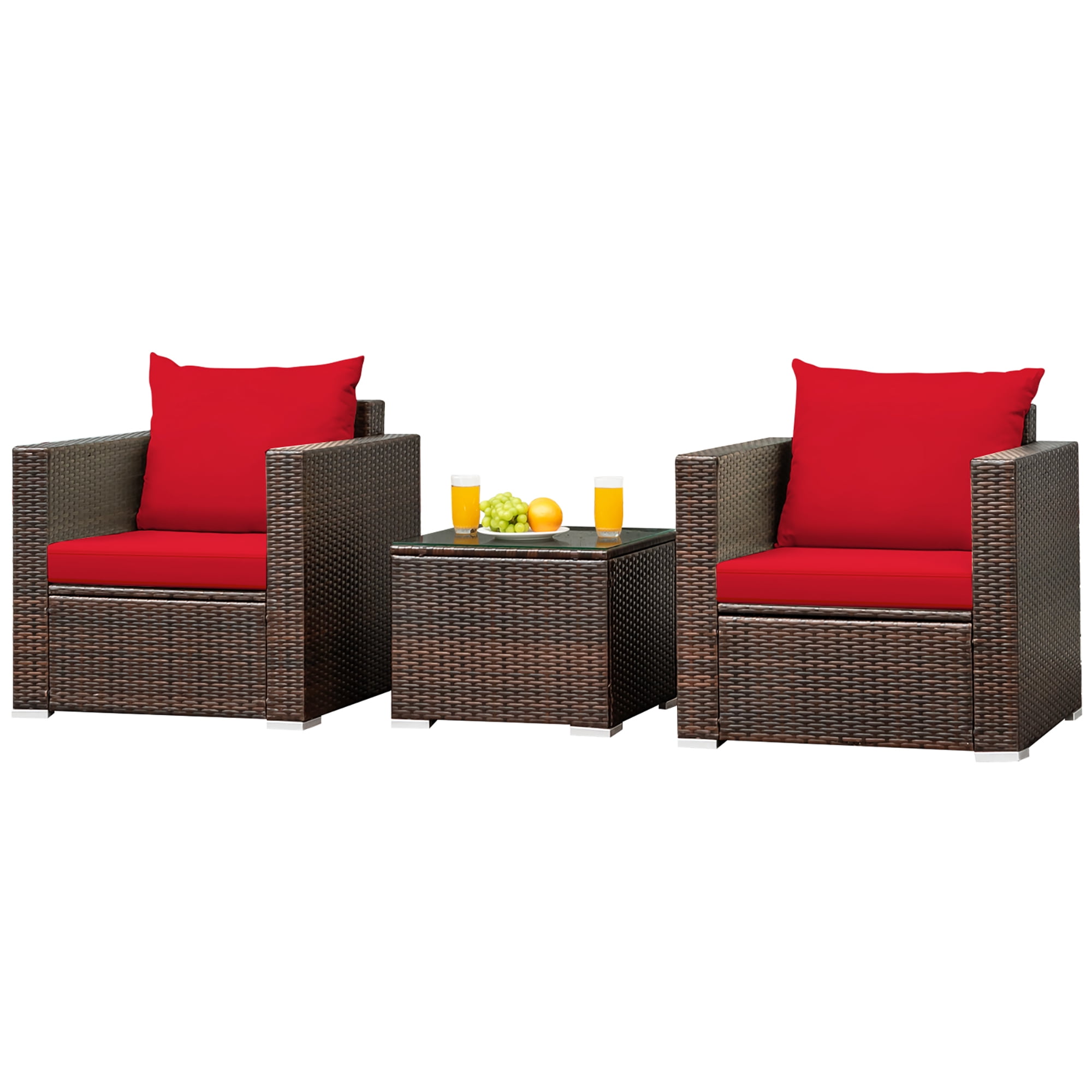 Costway 3PCS Patio Rattan Furniture Set Conversation Sofa Cushioned Garden Red