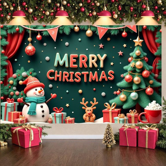 Green Red Theme Christmas Banner Snowman Design Xmas Display Christmas Tree Pattern Gift Box Decor Holiday Backdrop for Home Party Christmas Celebration Indoor Decoration