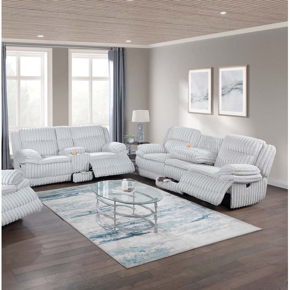 Light Grey Corduroy Upholstered Padded Manual Motion Sofa w Fold Down Table Loveseat Console 2pc Sofa Set Living Room Furniture