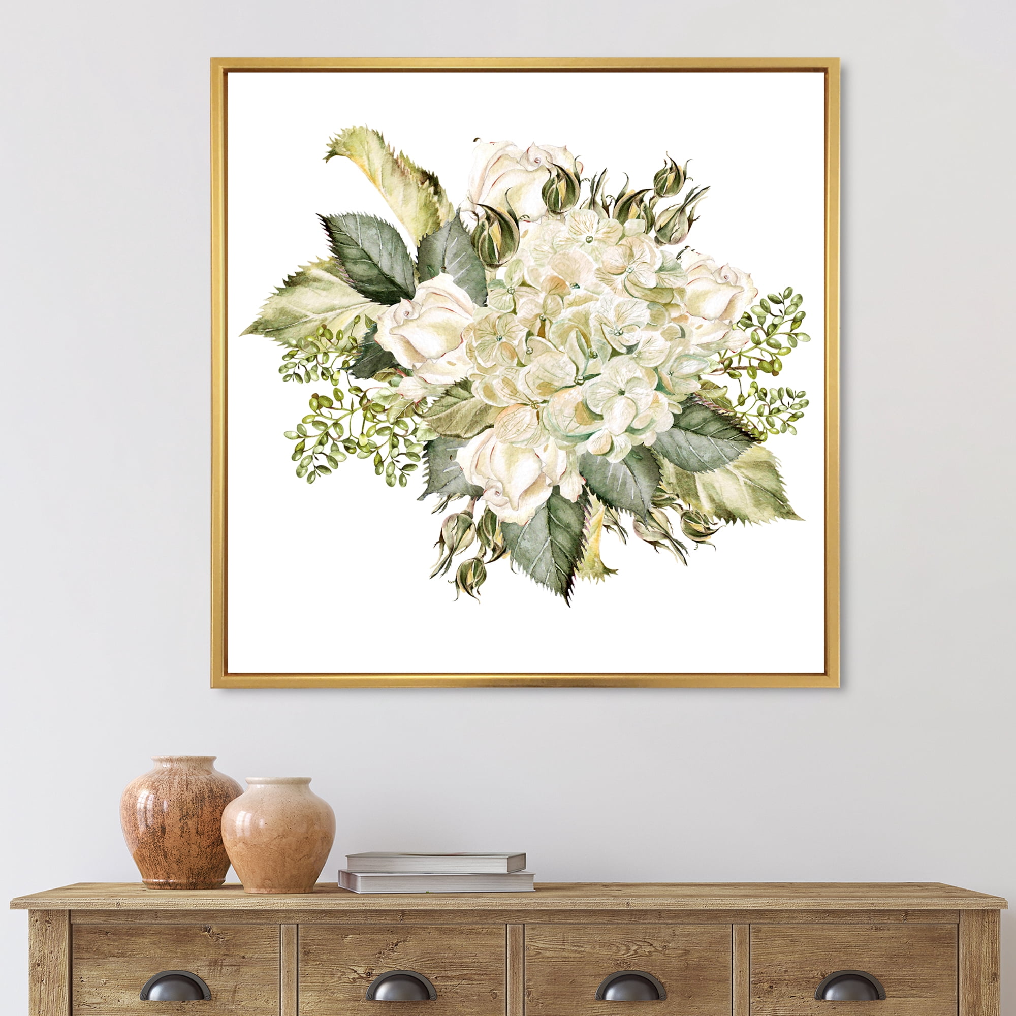 Designart 'Beautiful Bouquet With Roses and Hudrangea' Farmhouse Framed Canvas Wall Art Print