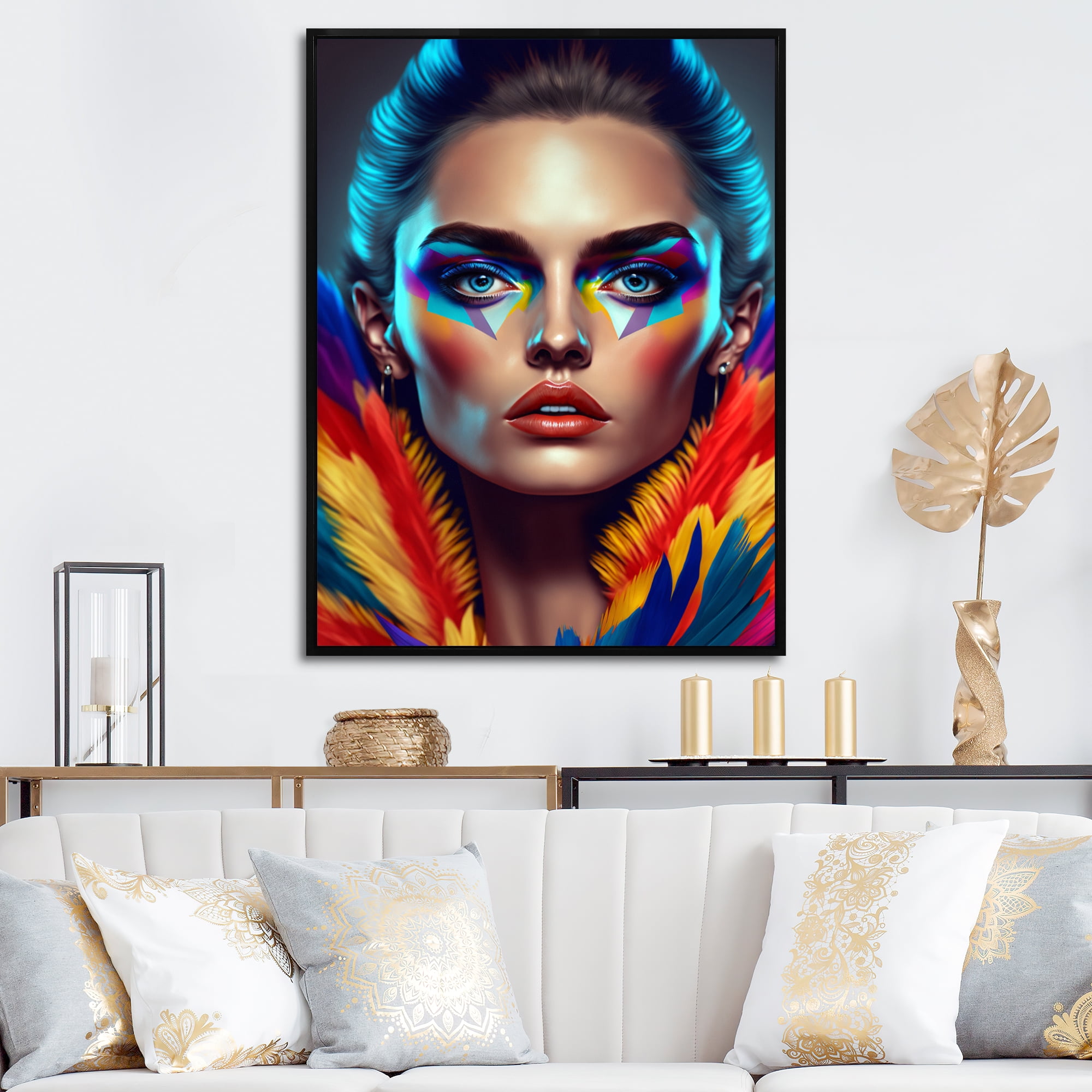 Designart Colorful Sensual Woman In Fur Coat III Floating Frame Wall Art