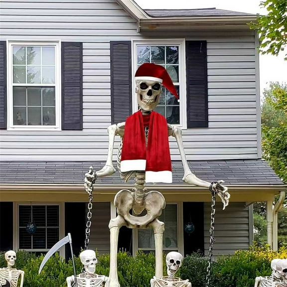 Upgraded 12 Foot Skeleton Christmas Outfits Scarf And Santa Hat With DrawstringAdhesive For Heavy Secure 12 FT Skeleton Accessories For Christmas Decorations F