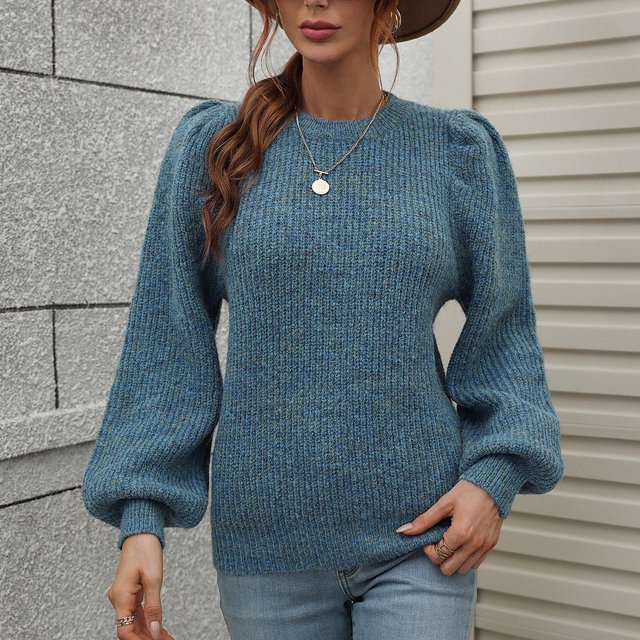 ICHUANYI Liquidación Mujeres Moda Casual Linterna Manga Color Sólido Jersey Tejer Manga Larga Cuello Redondo Tops ICHUANYI WER202308230136