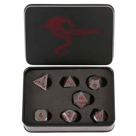 Metal Combo Dice - Forged Dice Co. Metal Iron Silver Color with Red Numbers Set of 7 Polyhedral Dice for RPG Gaming Games with Dragon Logo Tin Case