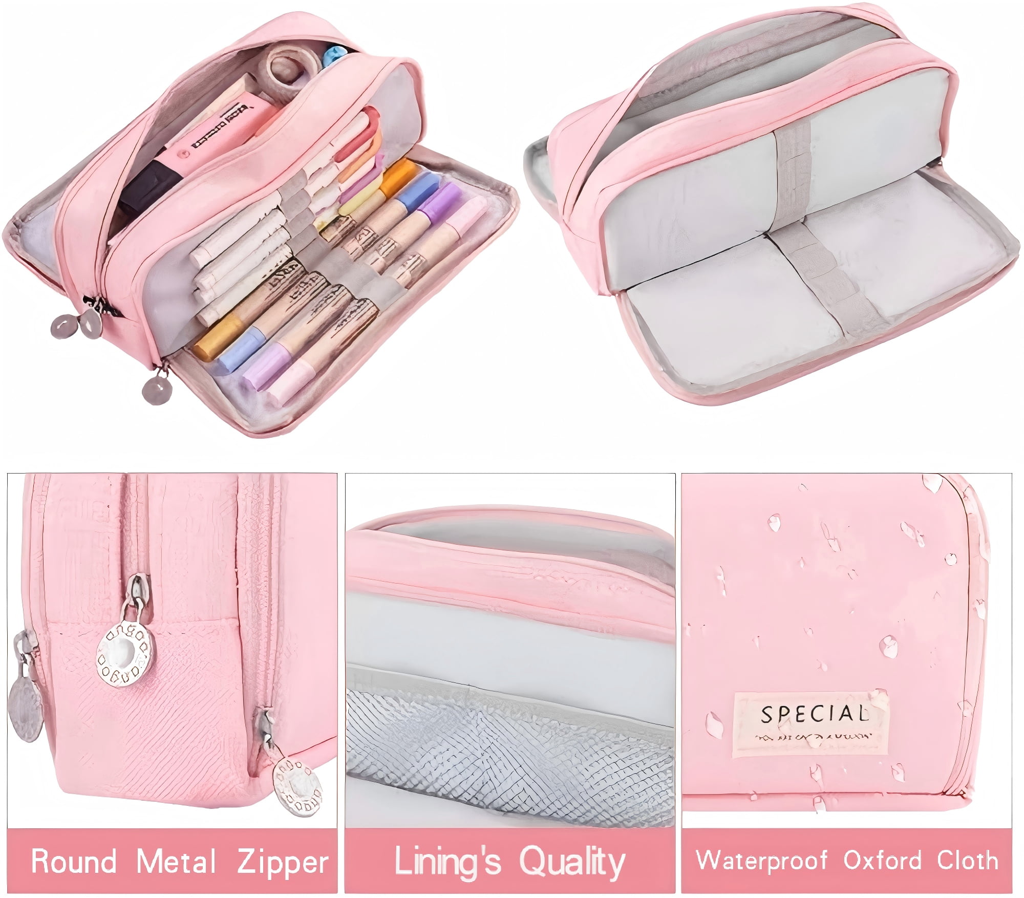 Heluo.Zu Office Pencil Case,Colored Pencils Pouch for Students Stationary,3 Compartments Canvas Pencil Bag Pencil Boxes with Zipper,Pink