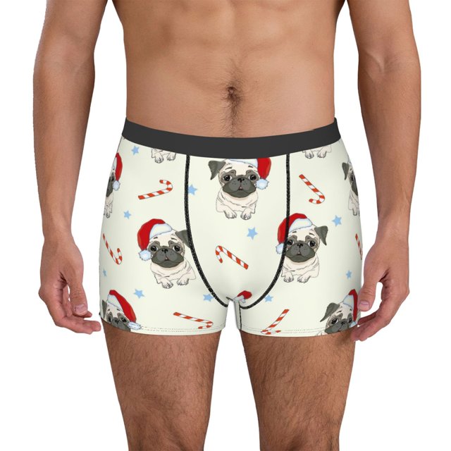 Balery Christmas Pug Dog Calzoncillos bóxer para hombre, ropa interior de algodón suave y transpirable con cinturilla de nailon-Medium