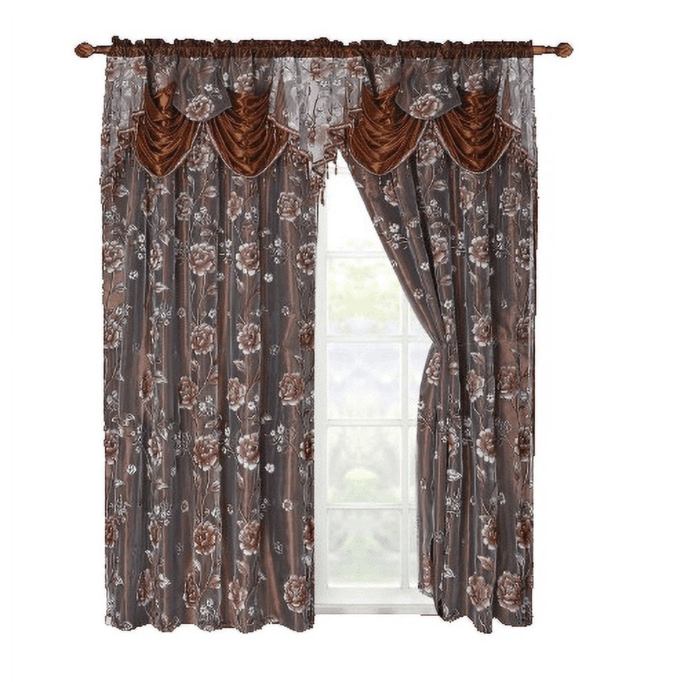 2 Piece Daniela Printed Flowers Luxury Jacquard Attached Valance with Long Crystals Beads and Tassels Window Curtain (54 inches wide x 84 inches long)