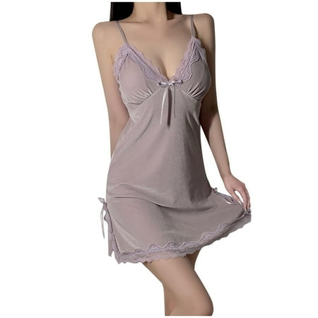 Women Velvet Lingerie Dress Deep V Neck Spaghetti Straps Nightgown Babydoll Chemise Floral Lace Trim Sexy Nightgown