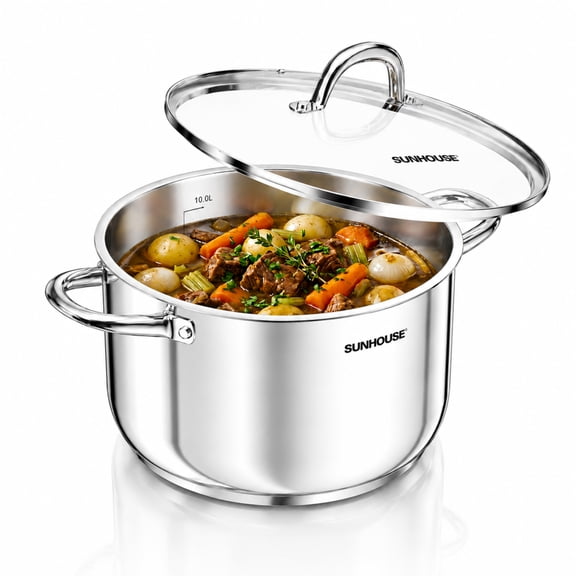 Sunhouse Stock Pot with Lid - 12 QT Large Pot for Cooking Pasta, Soup, Spaghetti - Impact Bonding Base Big Stainless Steel Pots for Canning, Boiling - Oven Safe & Induction Compatible Cookware