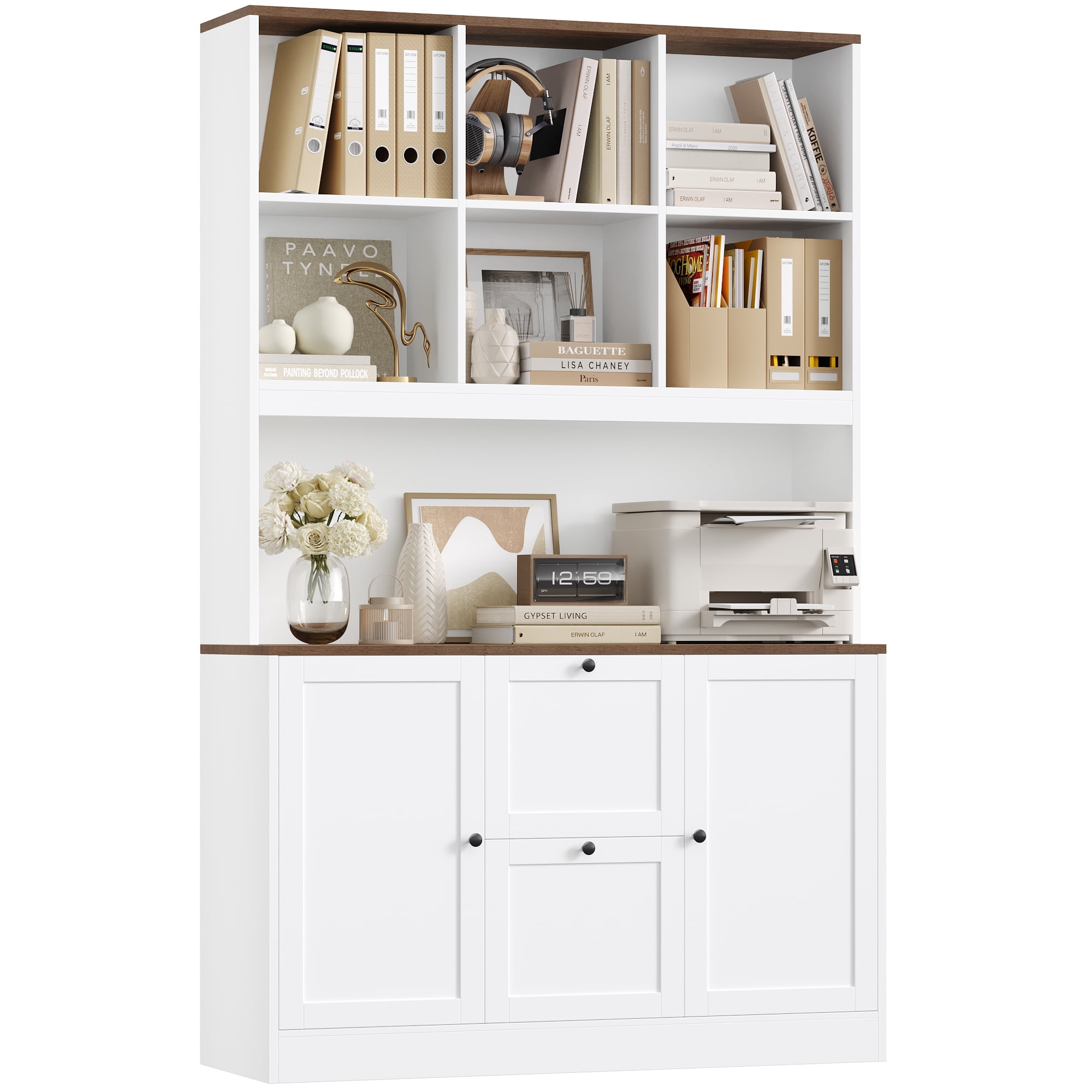 Homfa 71″ 6 Cubes Bookcases with 2 Storage Drawers and Charge Station, 3 Tier Bookshelf with Adjustable File Storage Cabinet for Living Room Home Office, White