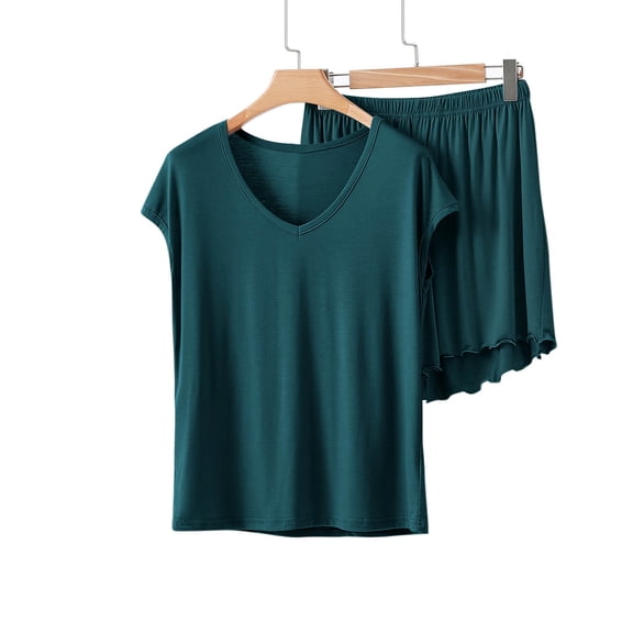 Ayolanni Soft Womens Pajamas Sets 2 Piece Cotton Green Pajamas Ruffle Sleepwear Short Sleeve and Pajama Shorts Sets Comfy Lounge Sets M-2XL