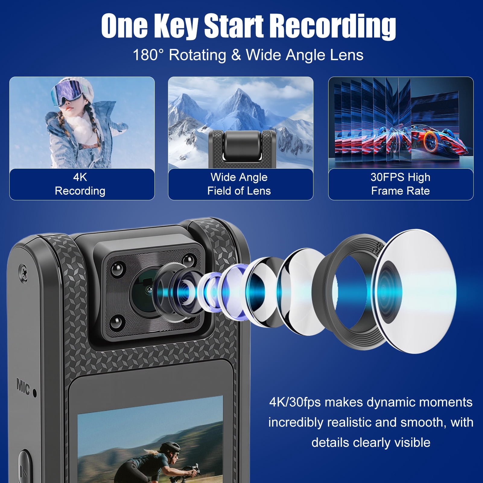 4K Body Camera with Audio & Video Recording, 1.4" Screen Wearable Sports Camera with Night-Vision, 180° Rotating Lens, Portable Small Personal Camcorder for Sport Outdoor Traveling Daily Recorder