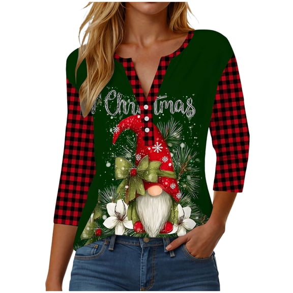 zaveiop Fall Season V Neck Shirt for Women Funny Christmas Gnome Thanksgiving Plaid Long Sleeve Graphic Tee Family Party Raglan Tops (Dark Green, 3XL)