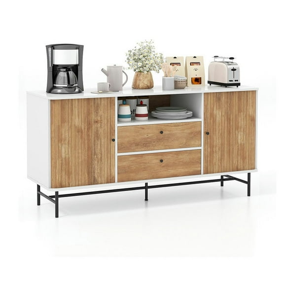 Yardi Yard Mid Century Modern Buffet Sideboard, Versatile Cabinet with Sliding Tambour Doors and 2 Storage Drawers, Cabinet for Indoor as Kitchen, Living Room, White