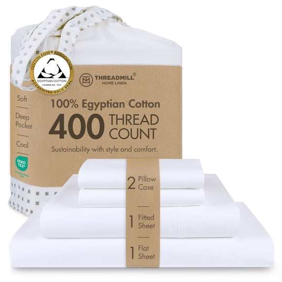 Threadmill Egyptian Cotton Queen Sheet Set | 100% Certified Egyptian Cotton Sheets for Queen Size Bed | Queen Bed Sheets Set with Snug Fit 16" Deep P