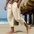 thumbnail image 2 of Lovskoo 2024 Mens Cotton Linen Capris Pants Solid Color Casual Cropped Pants Drawstring Elastic Waist Side Zipper Athletic Gym with Pocket Beige 3XL, 2 of 7