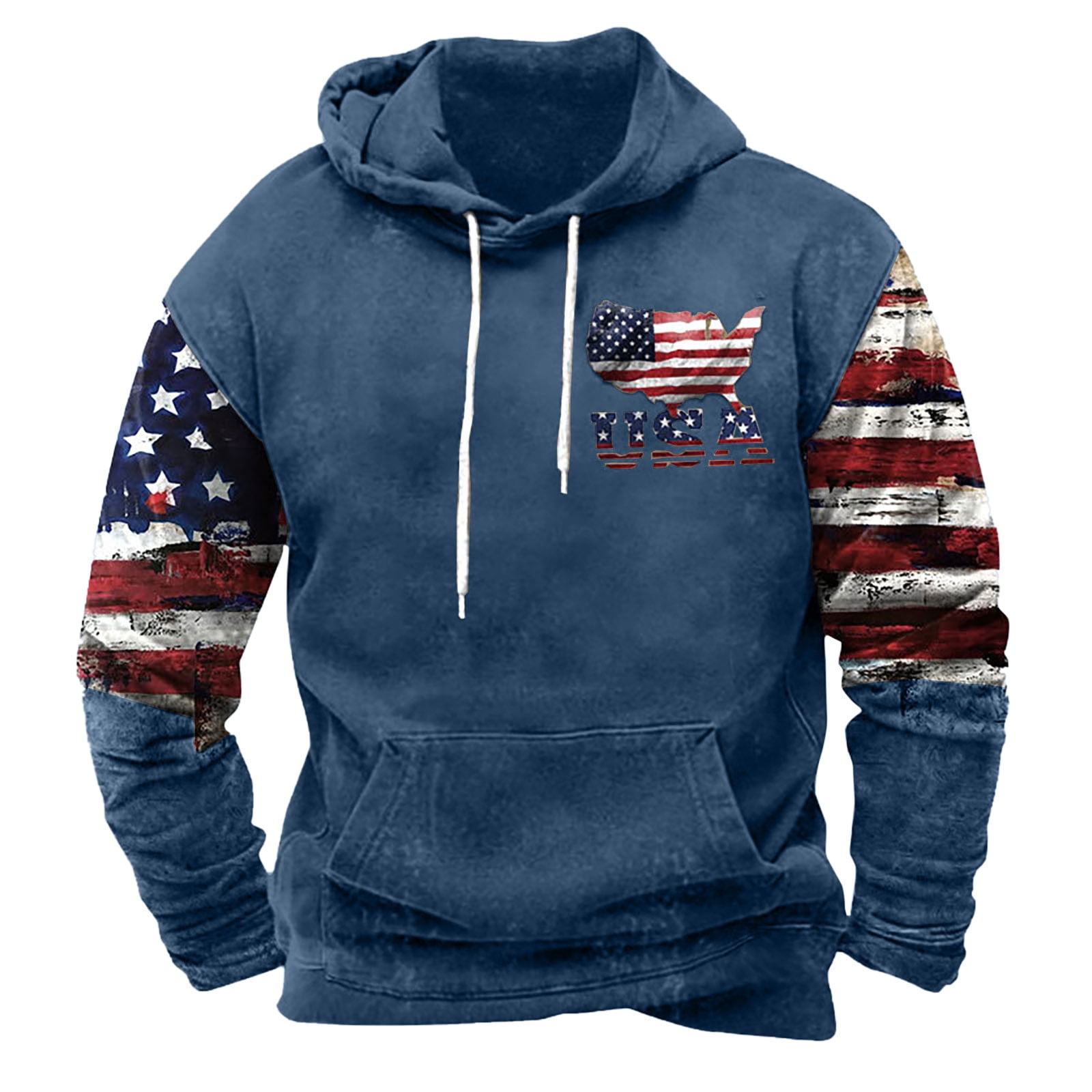 DDAPJ pyju Men's Outdoor Military Tactical Hoodie Retro Distressed American Flag Print Long Sleeve Drawstring Hooded Sweatshirt Loose Casual Pocket Hoodie Blue XL