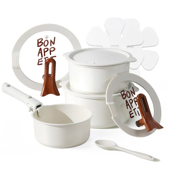 Carote 11 Pcs Ceramic Nonstick Saucepan Set with Lids, Nonstick Pots with Detachable Handle, Oven Safe, Induction Cookware, Stackable Kitchen Set, Cream White