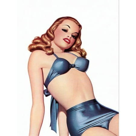 Pin Up Art Redhead In A Blue Bikini Stretched Canvas -  (18 x