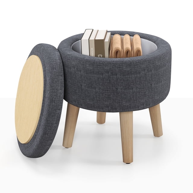 Giantex Pouf Rond avec Rangement et Couvercle Réversible, Repose-Pieds Multifonctionnel Rembourré, Tabouret de Coiffeuse Moderne, Gris