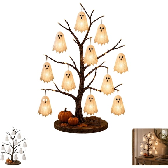 Glowing Ghost Tree Halloween Tabletop Decor, LED Lighted Halloween Tree with Hanging Ghost Ornaments, Spooky Table Centerpiece for Home, Fireplace Mantel, Party, Indoor Halloween Decorations
