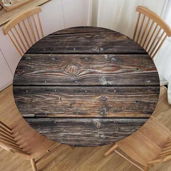 Round Tablecloths with Elastic Edged Brown Tones and Black Parts Wood Texture Background Table Covers for Indoor Outdoor Party Picnic, Fit for Diameter 24.2"-28.1" Round Table, Style 122