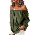 thumbnail image 1 of Womens Off Shoulder Tops Linen Cotton Tunic Tops Long Sleeves Ruffle Balloon Sleeve Shirts Casual Blouses Yellow 5XL, 1 of 4