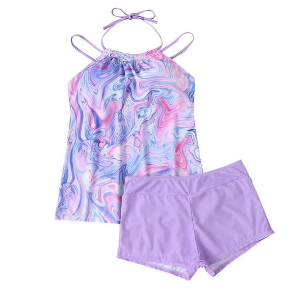 Kilaqueen Tankini Swimsuits for Women Two Piece Fashion Print Halter Adjustable Spaghetti Straps with Solid Color Short Bathing Suit