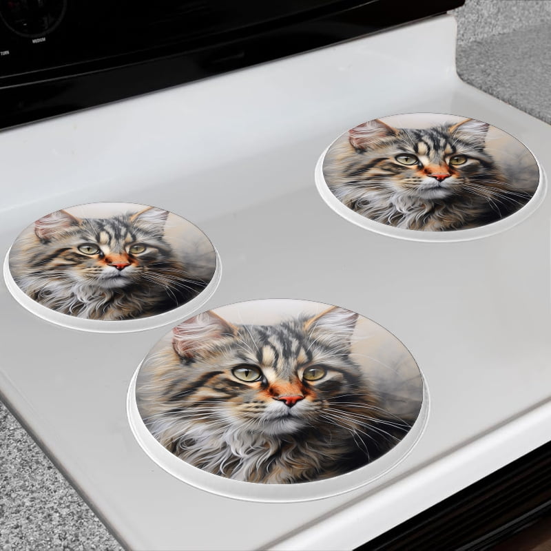BaHomeck Electric Stove Burner Covers Set of 4,Round Metal Gas Stove Burner Covers 8 Inch and 10 Inch,Kitchen Decor,Majestic Maine Coon Cat With Long Lowing Brown Fur