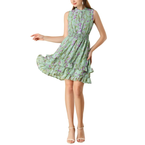 INSPIRE CHIC Vestidos de gasa para mujer, vestido mini sin mangas con fruncido y estampado floral, corte A, XL, verde